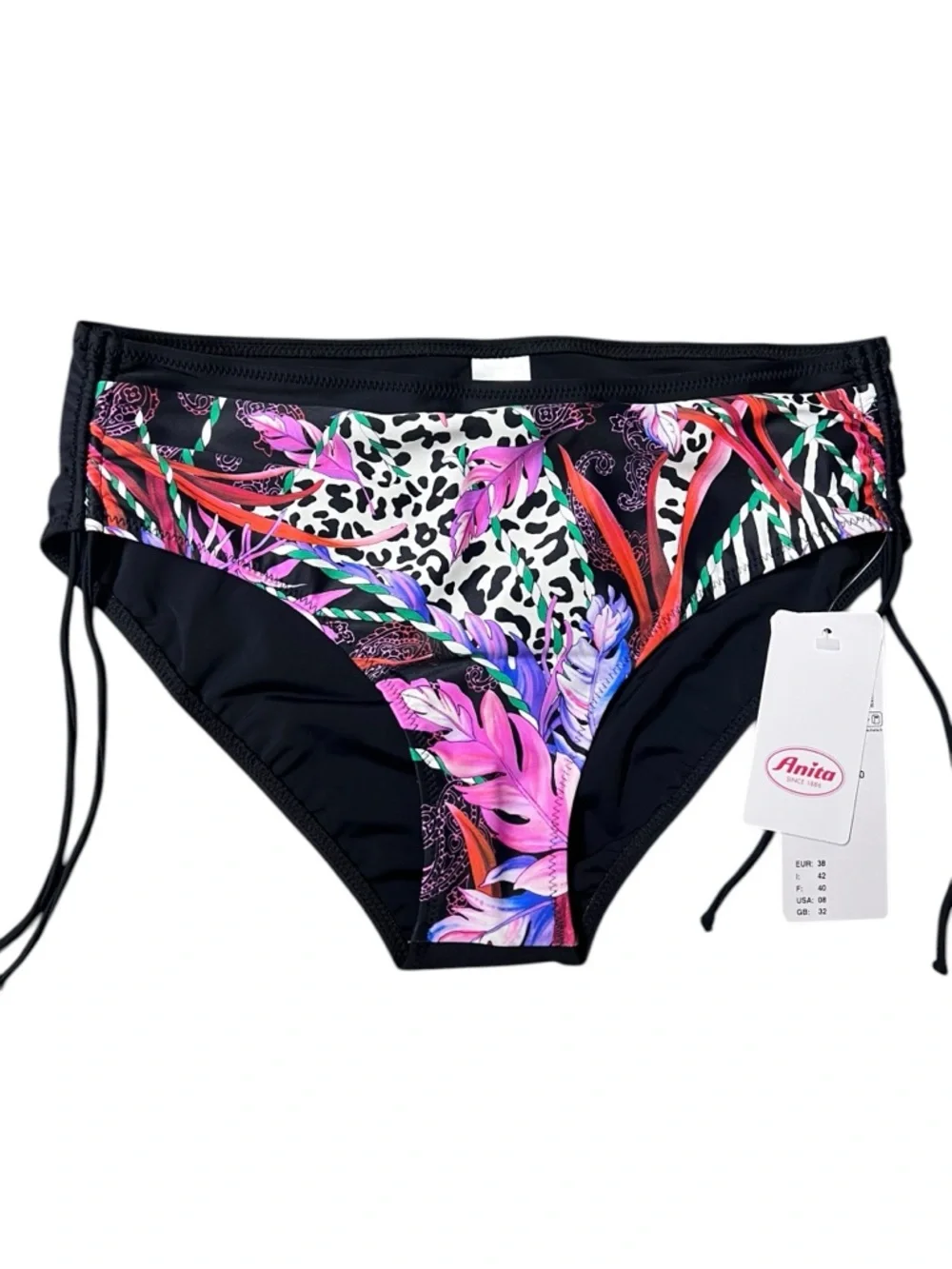 New Anita Nina Black Bikini Bottom with Pink & Multicolor‎ Tropical Print